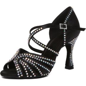 Womens Low High Heel Dance Shoes with Rhinestones Comfortable Wedding Evening Sandals