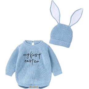 My First Easter Newborn Baby Girl Boy Outfit Long Sleeve Knit Romper Onesie with Bunny Hat Infant Clothes