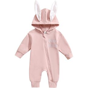 Newborn Baby Boy Easter Romper Solid Color Bunny Ears Hooded Zipper Jumpsuit My First Easter Outfit in Kuwait