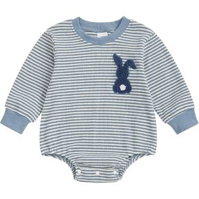 Baby Boy Girl Easter Outfit Sweatshirt Romper Striped Carrot/Bunny Long Sleeve Bubble Romper Waffle Knit Bodysuit