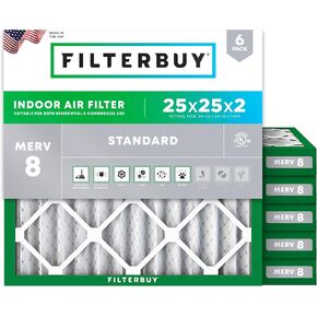 Filterbuy 25x25x2 Air Filter MERV 8 Dust Defense (6-Pack), Pleated HVAC AC Furnace Air Filters Replacement (Actual Size: 24.50 x 24.50 x 1.75 Inches)