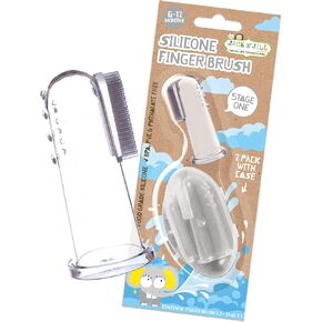 Jack N' Jill Stage 1 Silicone Finger Toothbrush - Baby Toothbrush 6 to 12 Months, Baby Oral Cleaner, Travel Size - Two Brushes Plus Case, (Pack of 1)