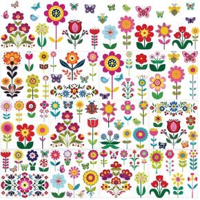 AHANDMAKER 12 Sheets Folk Art Plant Insect Rub On Transfer Colorful Flower Windows Stickers Decals for Interior Decor in Home, Classroom, School & Party Settings, 5.5x5.5"