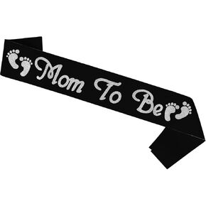 Mom to be Sash, Satin with Gitter Font with Baby Foot, Best Baby Shower Mommy Decorations Mother Gifts, Gender Reveal Party Baby Boy Or Girl Neutral (Black - Silver)