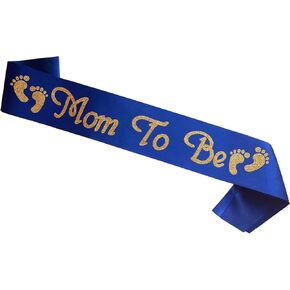 Mom to be Sash, Dark Blue Satin with Gold Gitter Font with Baby Foot, Best Baby Shower Mommy Decorations Mother Gifts, Gender Reveal Party Baby Boy Or Girl Neutral(Dark Blue - Gold)