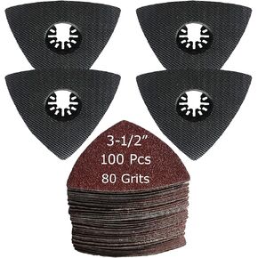 XXGO 104 Pcs 90mm 3-1/2 Inch Triangle Oscillating Multi Tool Sanding Pads Kits Include 4 Pcs Triangle Multitool Sanding Pads and 100 Pcs 80 Grits Triangle Multitool Sandpaper XGM0405