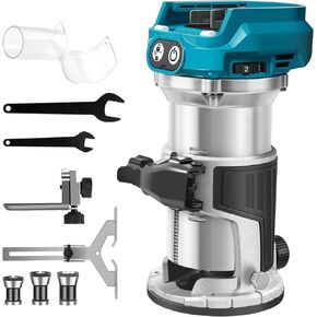 Cordless Compact Wood Router for 18V Battery(Bare Tool), Carving 1/4" Collet Brushless Palm Router 28000RPM 6-Speeds Fixed Base Trim Router with Edge & Roller Guide, Dust Hood