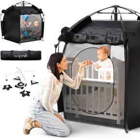 TinyTrek Baby Crib Tent - Breathable Crib Canopy Blackout Tent w/Hanging Toy, Travel Bag for Toddler Blackout Pack N Play Cover - On The Go Dome, Safety Baby Camping Kid Sleep Pod for Indoor Outdoor