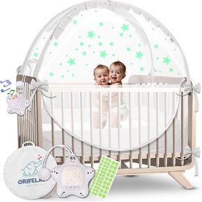 Baby Crib Tent - Toddler Bed Tent w/White Noise Machine, Wide Zipper Opening - Easy Setup Crib Cover w/Glow in The Dark Stickers & Custom Multi Color Light, Breathable Mesh Cribs Net, White