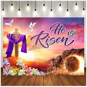 Ltlyh 7x5ft Easter Backdrop Backdrop He is Risen Banner Background Areprection Background for عيد الفصح الاحتفال بالاحتفال بافتات صور لافتة للمنزل 261