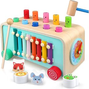 Montessori Wooden Hammer Pounding Toy for Baby Boys Girls Early Learning Educational Fine Motor Easter Gift with Peekaboo Game, Xylophone,Clock Shape Cart for Kids Toddlers Preschoolers