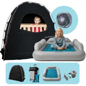 SlumberPod Perfect Pair Bundle with Fan Includes The Original Blackout Sleep Tent Pack n Play Cover, Blocks 95% Light & SlumberTot Inflatable Toddler Bed Portable Kids Air Mattress, Travel & Home Use