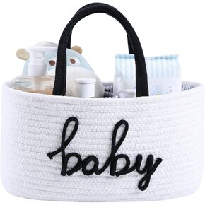 Baby Diaper Caddy Organizer, Nursery Storage Bin Basket for Baby Shower and Baby Wipes- Cotton Rope Portable Diaper Bag for Changing Table, Newborn Essentials Gift-White