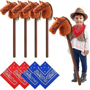 Poen 8 Pcs Light Brown Horse Stick with Sound Red and Blue Bandana Set 27.6'' Toys Stick Horse Western Cowboy Bandana Horse Head Stick with Neighing Sound for Boys Girls Fun Pretend Games