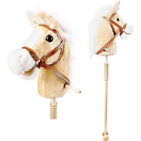37 Inch Plush Stick Horse Handsewn Head Hobby Horse on a Stick Horses Ride on a Stick Toy with Wooden Wheels and Real Pony Clip-Clop Sounds for Pretend Play Kids Gift