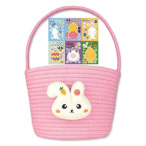 Cute Pink Easter Bunny Basket for Kids, Baby Small Egg Basket, Toddler Mini Woven Cotton Rope Bag, Gift Baskets Empty with Personalized Sticker for Storage, Decoration & Egg Hunting!