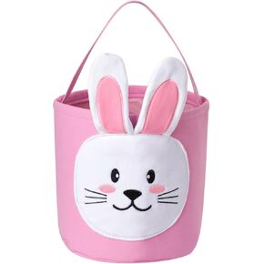 Easter Basket for Egg Hunts and Gifts, Embroidered Rabbit Face with Soft Ears, Plush Bunny Bag (Pink and Blue)