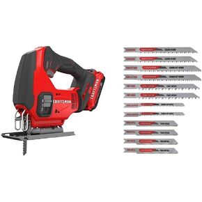 CRAFTSMAN V20 Cordless Jig Saw Kit with Jigsaw Blades, U-Shank Set, 12-Piece (CMCS600D1 & CMAJ2SET12)