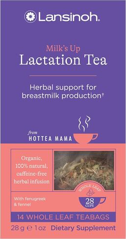 Lansinoh + HotTea Mama Milk's Up, Breastfeeding and Lactation Support Tea, Fenugreek, Fennel, Anise Seed, Caffeine-free, Sugar-Free, Postpartum Essentials for New Moms, Includes 14 Tea Sachets in Saudi Arabia