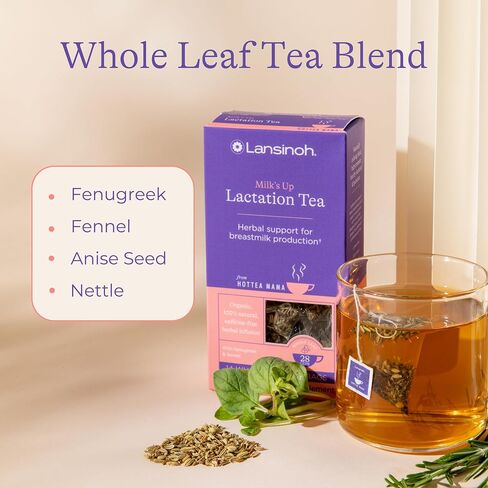 Lansinoh + HotTea Mama Milk's Up, Breastfeeding and Lactation Support Tea, Fenugreek, Fennel, Anise Seed, Caffeine-free, Sugar-Free, Postpartum Essentials for New Moms, Includes 14 Tea Sachets in Saudi Arabia