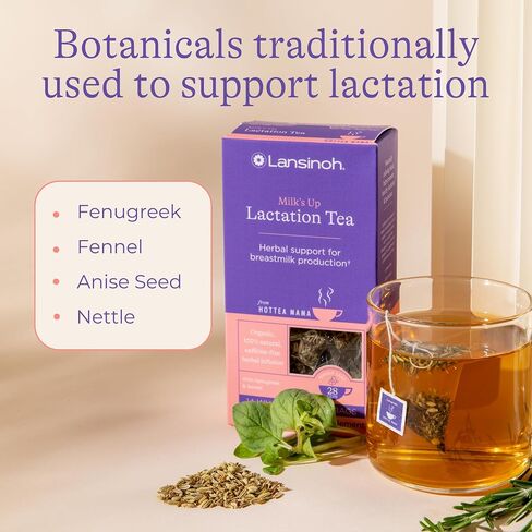 Lansinoh + HotTea Mama Milk's Up, Breastfeeding and Lactation Support Tea, Fenugreek, Fennel, Anise Seed, Caffeine-free, Sugar-Free, Postpartum Essentials for New Moms, Includes 14 Tea Sachets in Saudi Arabia