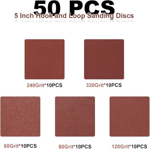 50 PCS 5 Inch 8 Hole Sanding Discs, 60 80 120 240 320 Assorted Grits Hook and Loop Round Sandpaper Pads for Random Orbital Sander in Saudi Arabia