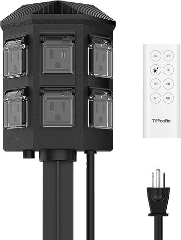 Outdoor Power Stake Timer Waterproof, 100FT Extension Cord, Remote Control Dusk to Dawn Sensor Light Timer, 6 Grounded Outlets for Outdoor Decorations, 14 AWG, 15A/1875W, ETL Listed in Saudi Arabia
