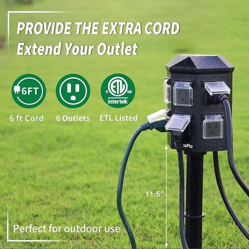 Outdoor Power Stake Timer Waterproof, 100FT Extension Cord, Remote Control Dusk to Dawn Sensor Light Timer, 6 Grounded Outlets for Outdoor Decorations, 14 AWG, 15A/1875W, ETL Listed in Saudi Arabia