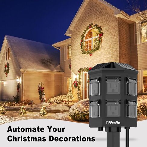 Outdoor Power Stake Timer Waterproof, 100FT Extension Cord, Remote Control Dusk to Dawn Sensor Light Timer, 6 Grounded Outlets for Outdoor Decorations, 14 AWG, 15A/1875W, ETL Listed in Saudi Arabia