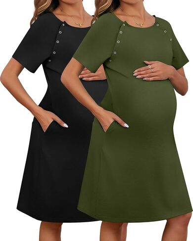 Huukeay 2 Pack Labor and Delivery Hospital Gown | Women Nursing Birthing Maternity Dress, 3 In1 Breastfeeding Nightgown, Buttons, Pjs Robe, Short Sleeve, Sleepwear in Saudi Arabia