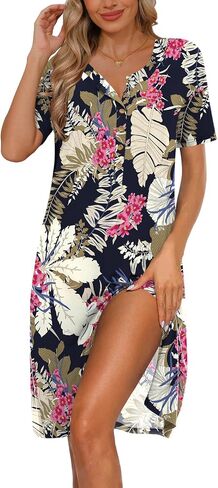 DB MOON Womens Nightgowns Sleepwear House Dress Lounge Sleep Night Gown Half Button Front Drop Shoulder Pajammas in Saudi Arabia