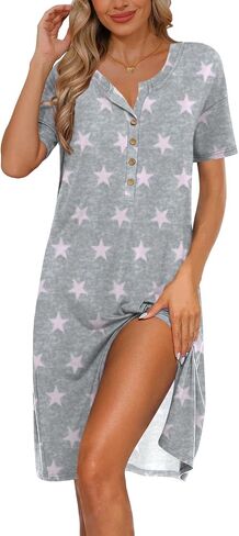 DB MOON Womens Nightgowns Sleepwear House Dress Lounge Sleep Night Gown Half Button Front Drop Shoulder Pajammas in Saudi Arabia