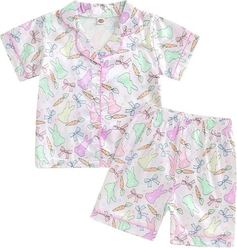 Toddler Girls 4th of July Satin Pajamas Flag Feather Trim Short Sleeve Shirt Shorts 2 Piece Pajama Set Kid Sleepwear in Saudi Arabia