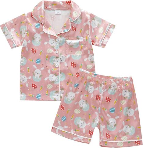 Toddler Girls 4th of July Satin Pajamas Flag Feather Trim Short Sleeve Shirt Shorts 2 Piece Pajama Set Kid Sleepwear in Saudi Arabia