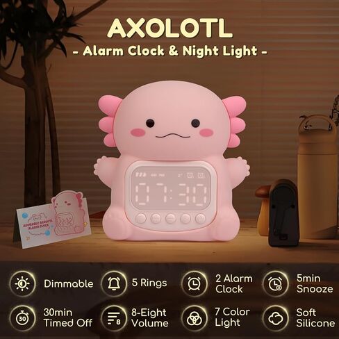 Axolotl Alarm Clock with Night Light for Kids, 7 RGB Color Cute Alarm Clocks for Bedrooms Ok to Wake Clocks, Silicone Animal Tabletop Lamp for Teen Girls Boys in Kuwait