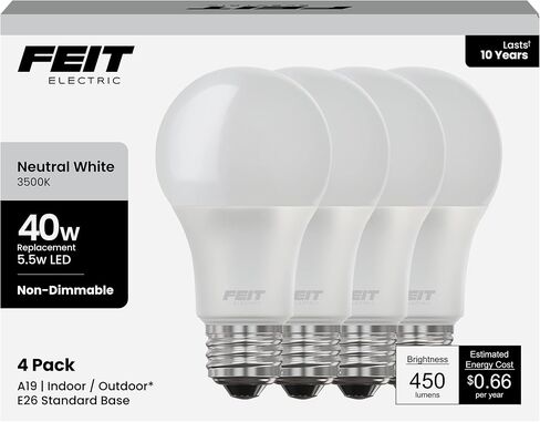 Feit Electric A19 LED Light Bulbs, 40W Equivalent, Non Dimmable, 450 Lumens, E26 Standard Base, 2700k Soft White, 80 CRI, 10 Year Lifetime, Energy Efficient, 4 Pack, A450/827/10KLED/4 in Saudi Arabia