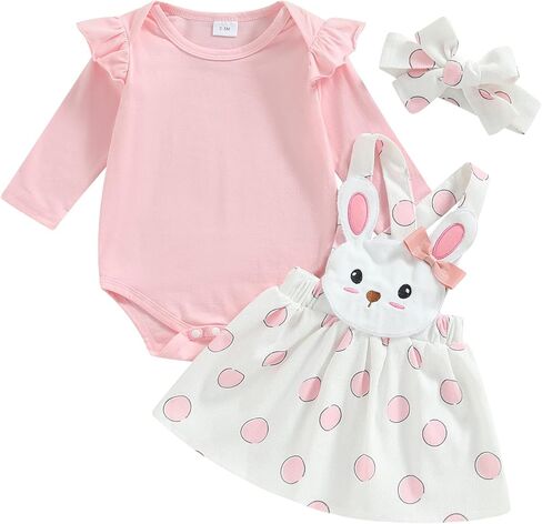 Springcmy Baby Girl Easter Outfit Long Sleeve Romper+Rabbit Suspender Skirt Overall+Headband My 1st Easter 3Pcs Clothes in Saudi Arabia