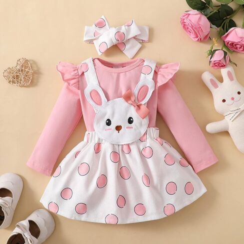 Springcmy Baby Girl Easter Outfit Long Sleeve Romper+Rabbit Suspender Skirt Overall+Headband My 1st Easter 3Pcs Clothes in Saudi Arabia