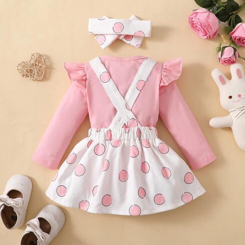Springcmy Baby Girl Easter Outfit Long Sleeve Romper+Rabbit Suspender Skirt Overall+Headband My 1st Easter 3Pcs Clothes in Saudi Arabia