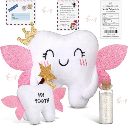 Tooth Fairy Pillow Kit Includes Toothfairy Pillow with Pocket Fairy Glitter Receipt Envelope Card, Toothfairy Plush Keepsake Gift for Kids Boys Girls Souvenir (Cute Style) in Saudi Arabia