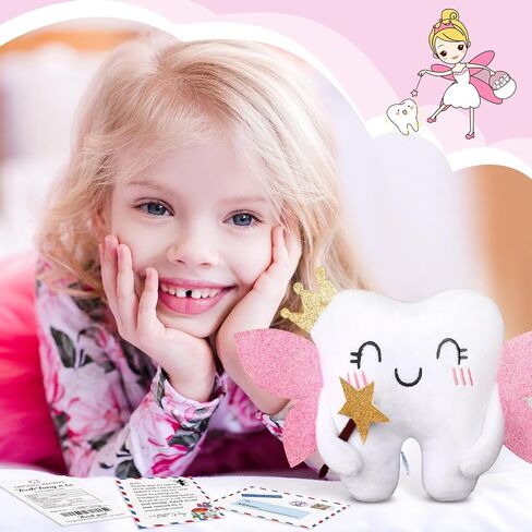 Tooth Fairy Pillow Kit Includes Toothfairy Pillow with Pocket Fairy Glitter Receipt Envelope Card, Toothfairy Plush Keepsake Gift for Kids Boys Girls Souvenir (Cute Style) in Saudi Arabia