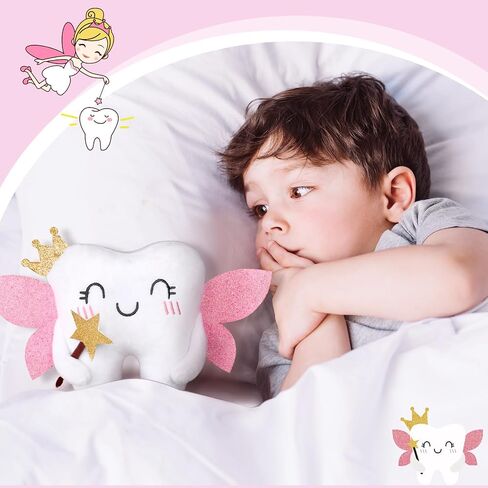 Tooth Fairy Pillow Kit Includes Toothfairy Pillow with Pocket Fairy Glitter Receipt Envelope Card, Toothfairy Plush Keepsake Gift for Kids Boys Girls Souvenir (Cute Style) in Saudi Arabia