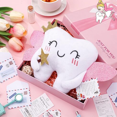 Tooth Fairy Pillow Kit Includes Toothfairy Pillow with Pocket Fairy Glitter Receipt Envelope Card, Toothfairy Plush Keepsake Gift for Kids Boys Girls Souvenir (Cute Style) in Saudi Arabia