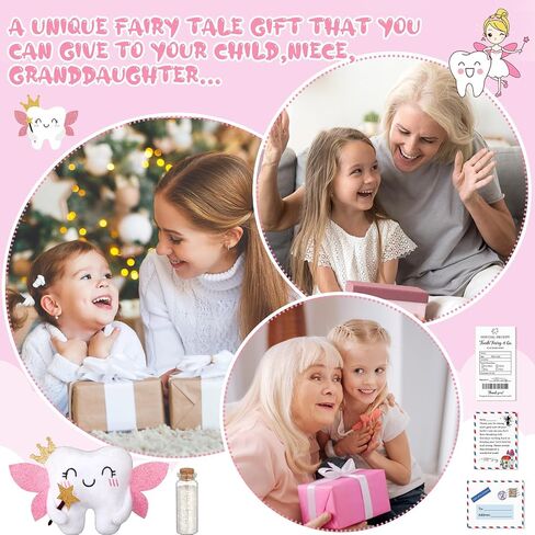 Tooth Fairy Pillow Kit Includes Toothfairy Pillow with Pocket Fairy Glitter Receipt Envelope Card, Toothfairy Plush Keepsake Gift for Kids Boys Girls Souvenir (Cute Style) in Saudi Arabia