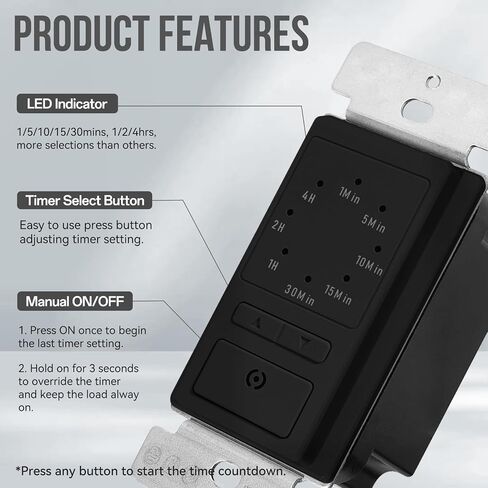 ECOELER Wall Timer Switch, 1-5-10-20-30-60mins, 2-4 Hour Countdown Settings Light Switch with Constant On Mode for Bathroom Fans and Lights, ETL Listed, Black, 4 Pack in Kuwait