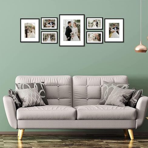 Golden State Art, Set of 7, Aluminum Photo Frame with Ivory Color Mat & Real Glass, Metal Wall Photo Frame Collection (Gold) in Kuwait