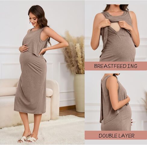 OUGES 2025 Sleeveless Maternity Nuring Dresses for Women Crew Neck Midi Length Easy Breastfeeding Clothes S-XXL in Kuwait