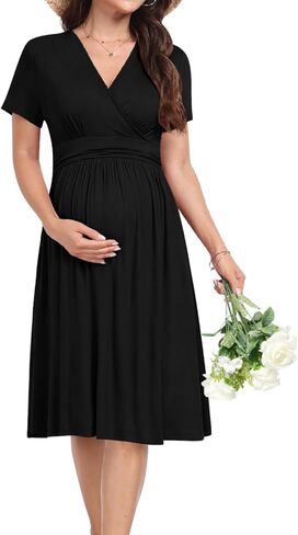 Maternity Casual Short Sleeve Party Dress Summer Wrap V Neck Baby Shower Photoshoot Pregnancy Nursing Dresses in Kuwait