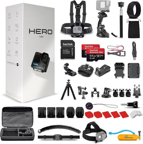 GoPro Hero (Go Pro Hero) Black Compact-كاميرا عمل مقاومة للماء مع فيديو 4K Ultra HD ، صور 12 ميجابكسل + مجموعة ملحقات 50-in-1 + 2 × 64 جيجابايت + المزيد in Kuwait