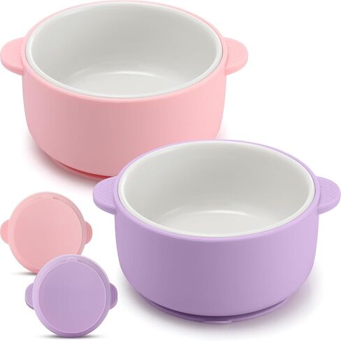 Domensi 2 Sets Kids Porcelain Bowls with Silicone Suction Sleeves Toddler Suction Bowls Baby Bowl Microwave Dishwasher Safe Cereal Soup Snack Dishes for Children Food Feeding Supplies (Pink Purple) in Saudi Arabia